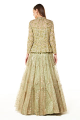 Sage Net Dalia Peplum Jacket And Lehenga Set