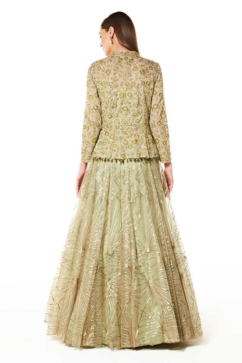 Sage Net Dalia Peplum Jacket And Lehenga Set