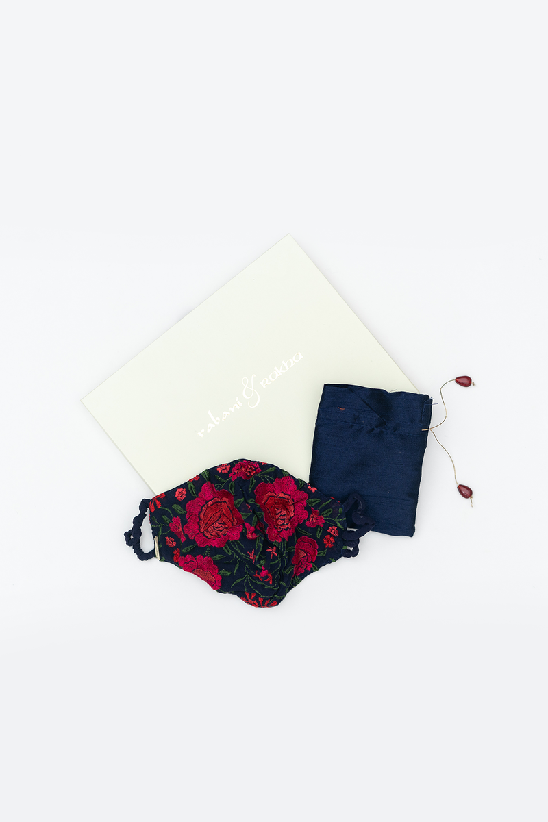 Blue Embroidered Face Mask & Potli Set
