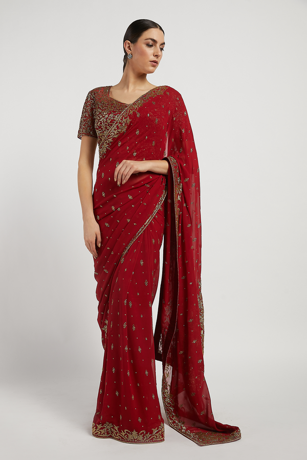 Maroon Hand Embroidered Zaynab Saree Set