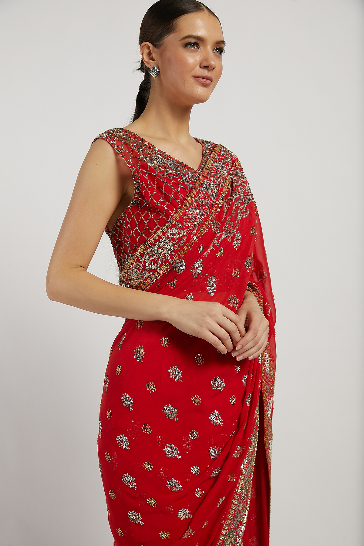 Red Hand Embroidered Zaynab Saree Set