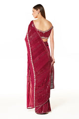 Wine Georgette Zaynab Saree With Off Shoulder Blouse