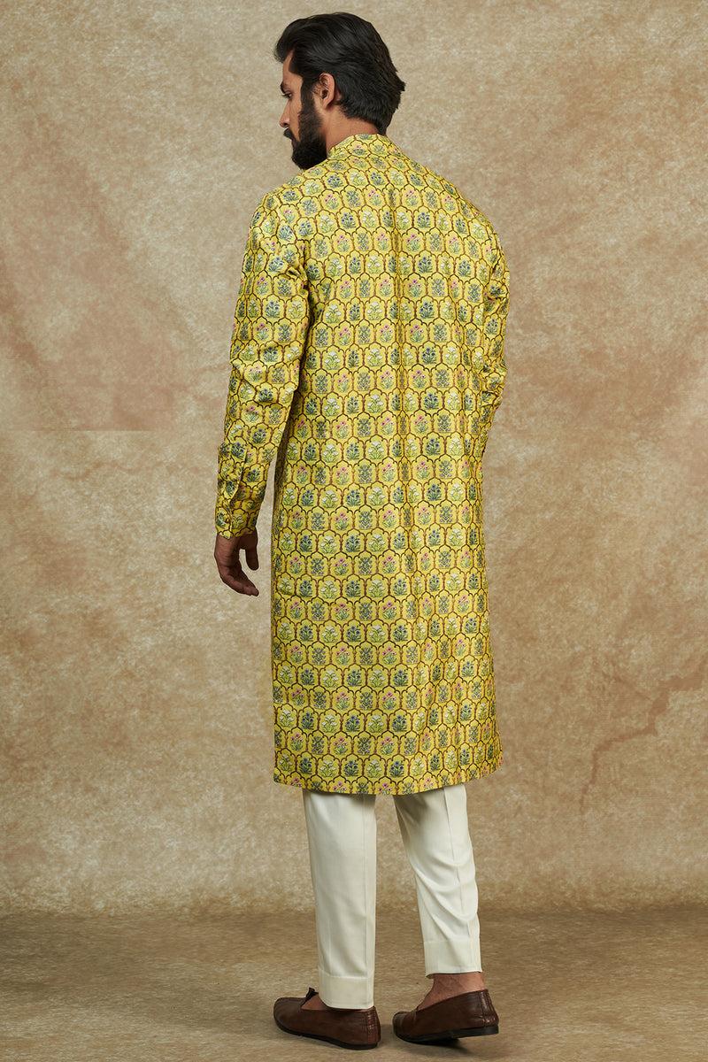 Yellow Dupion Silk Printed Sheeting Kurta Set