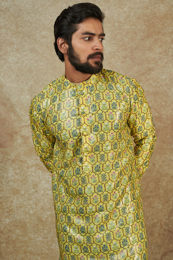 Yellow Dupion Silk Printed Sheeting Kurta Set