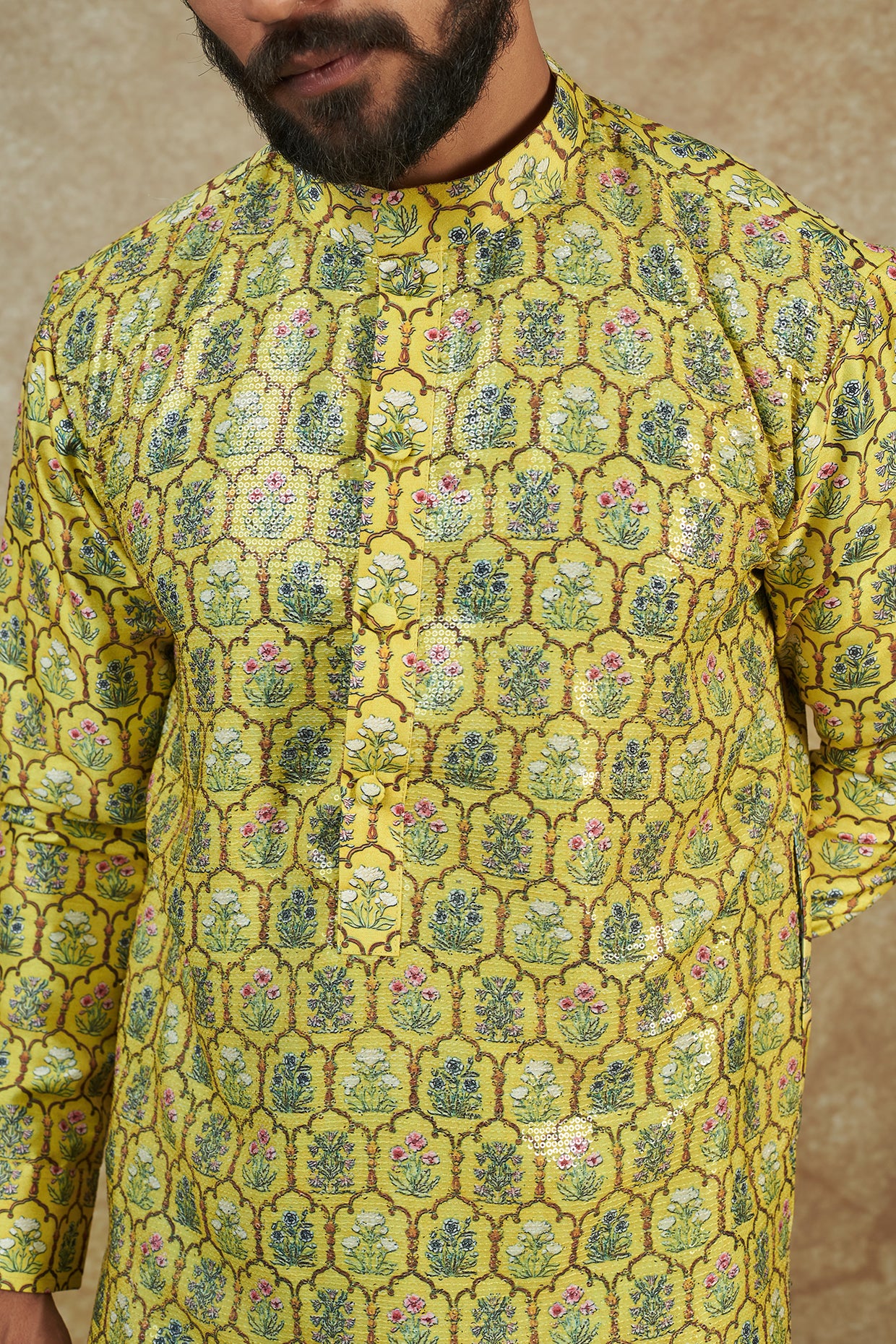 Yellow Dupion Silk Printed Sheeting Kurta Set