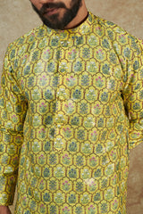 Yellow Dupion Silk Printed Sheeting Kurta Set