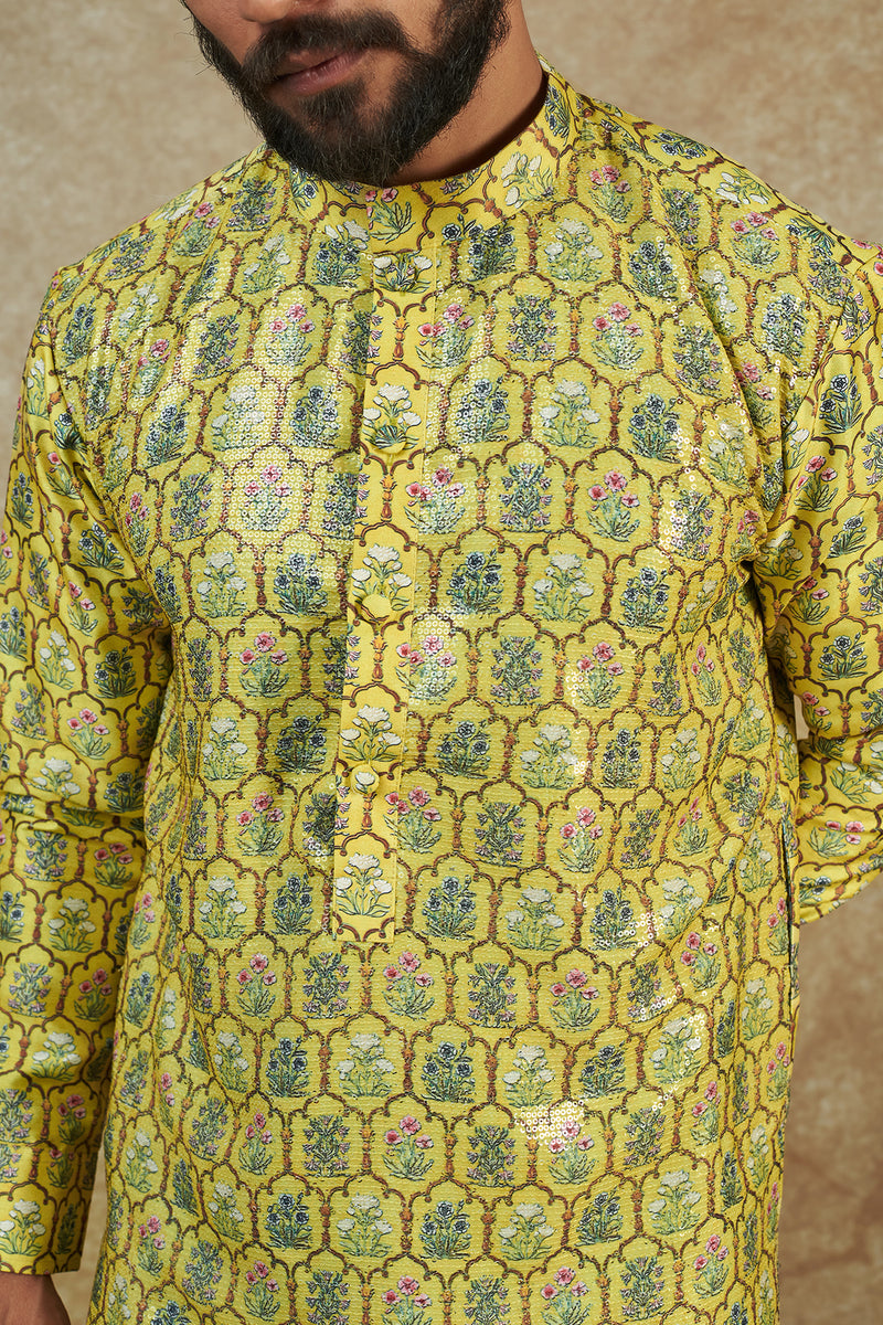 Yellow Dupion Silk Printed Sheeting Kurta Set