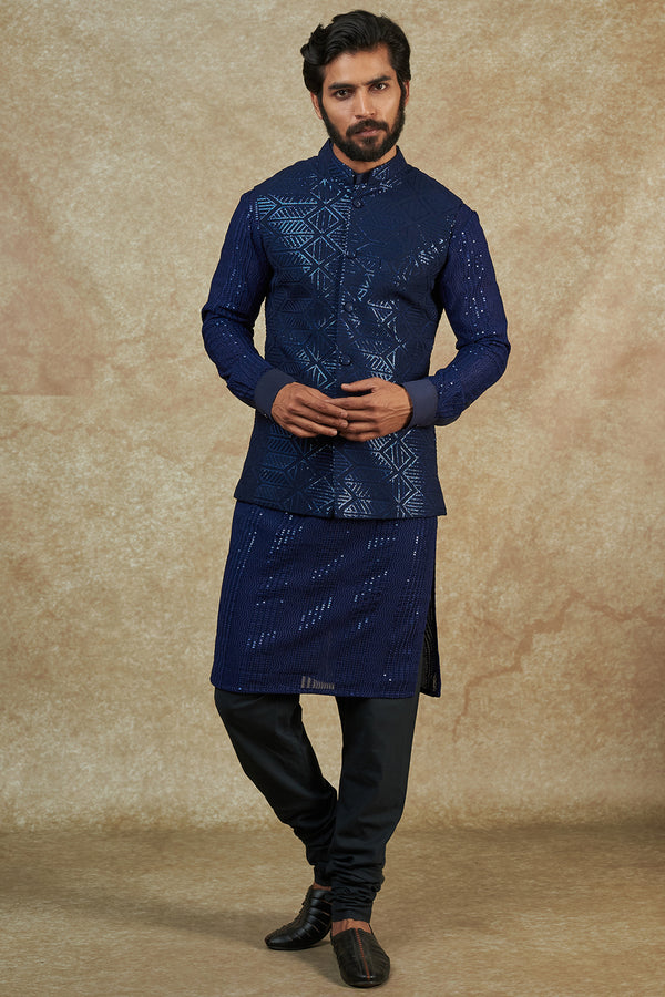Blue Georgette Embroidered Bundi Jacket