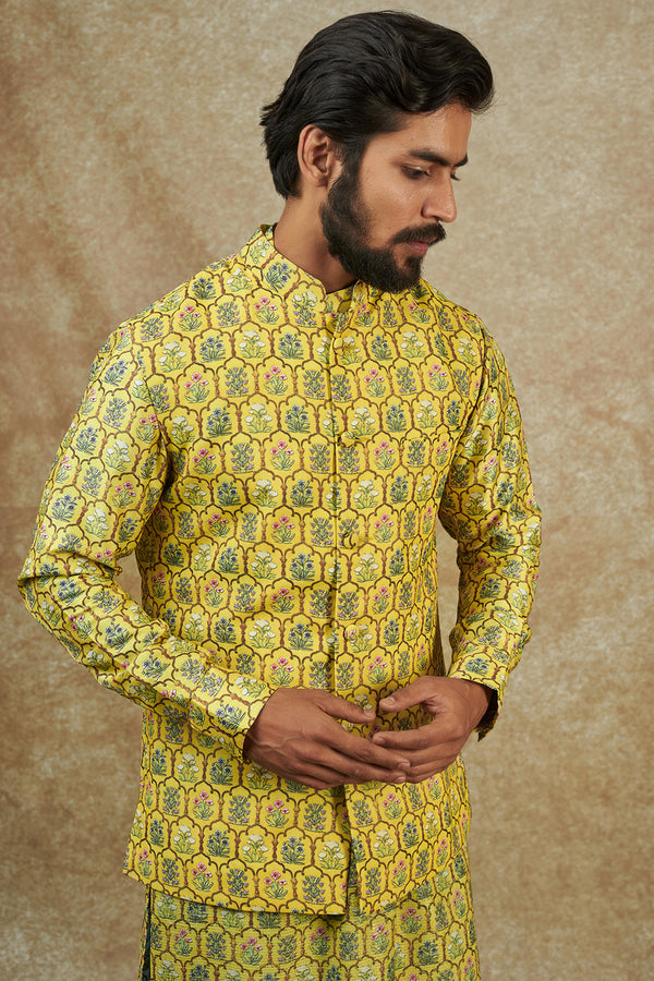 Yellow Georgette Printed Bundi Jacket