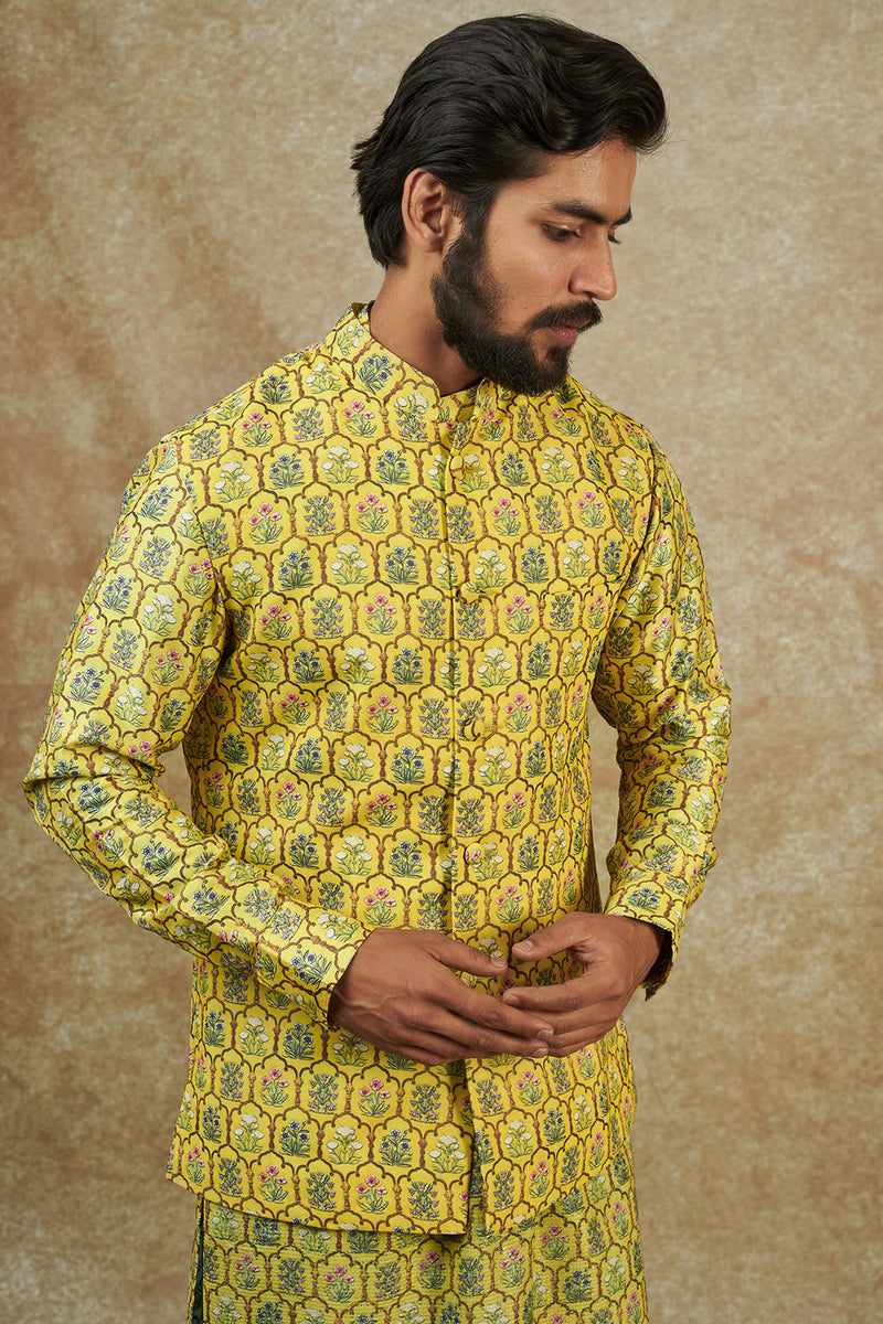 Yellow Georgette Printed Bundi Jacket