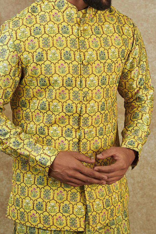 Yellow Georgette Printed Bundi Jacket