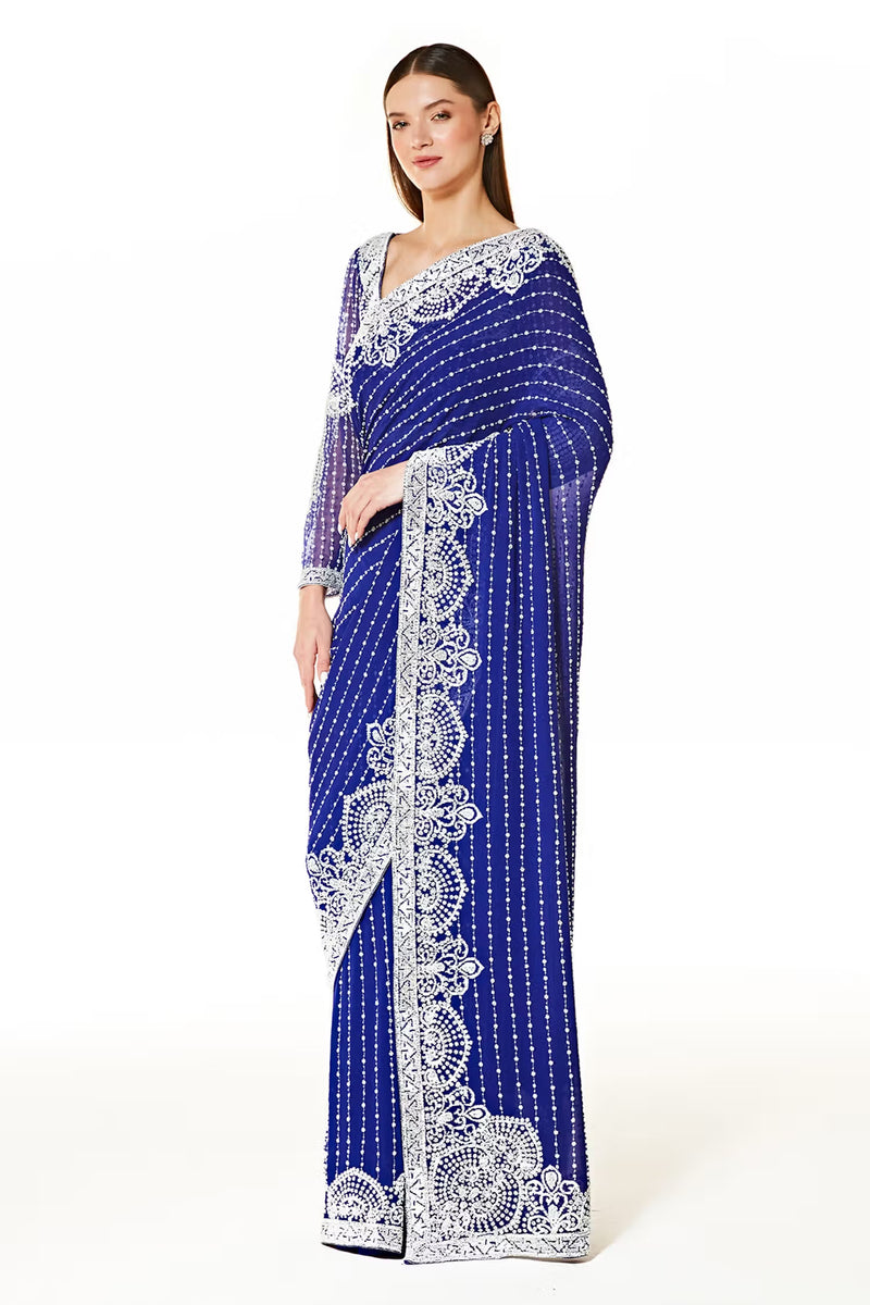 Blue Georgette Pearl Embroidered Saree