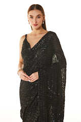 Black Zaynab Hand Embroidered Saree With Blouse
