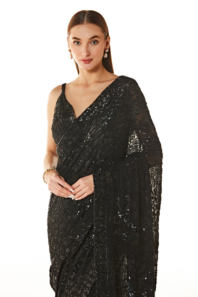 Black Zaynab Hand Embroidered Saree With Blouse
