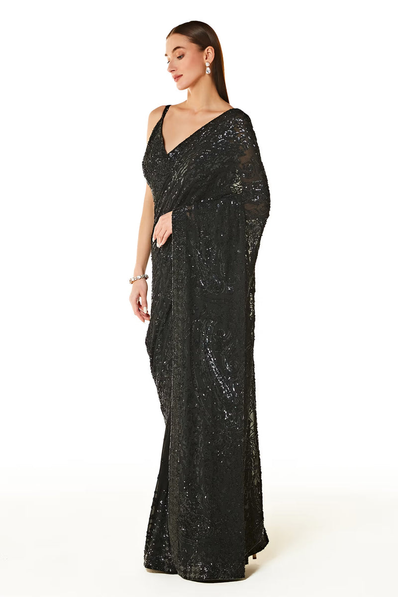 Black Zaynab Hand Embroidered Saree With Blouse