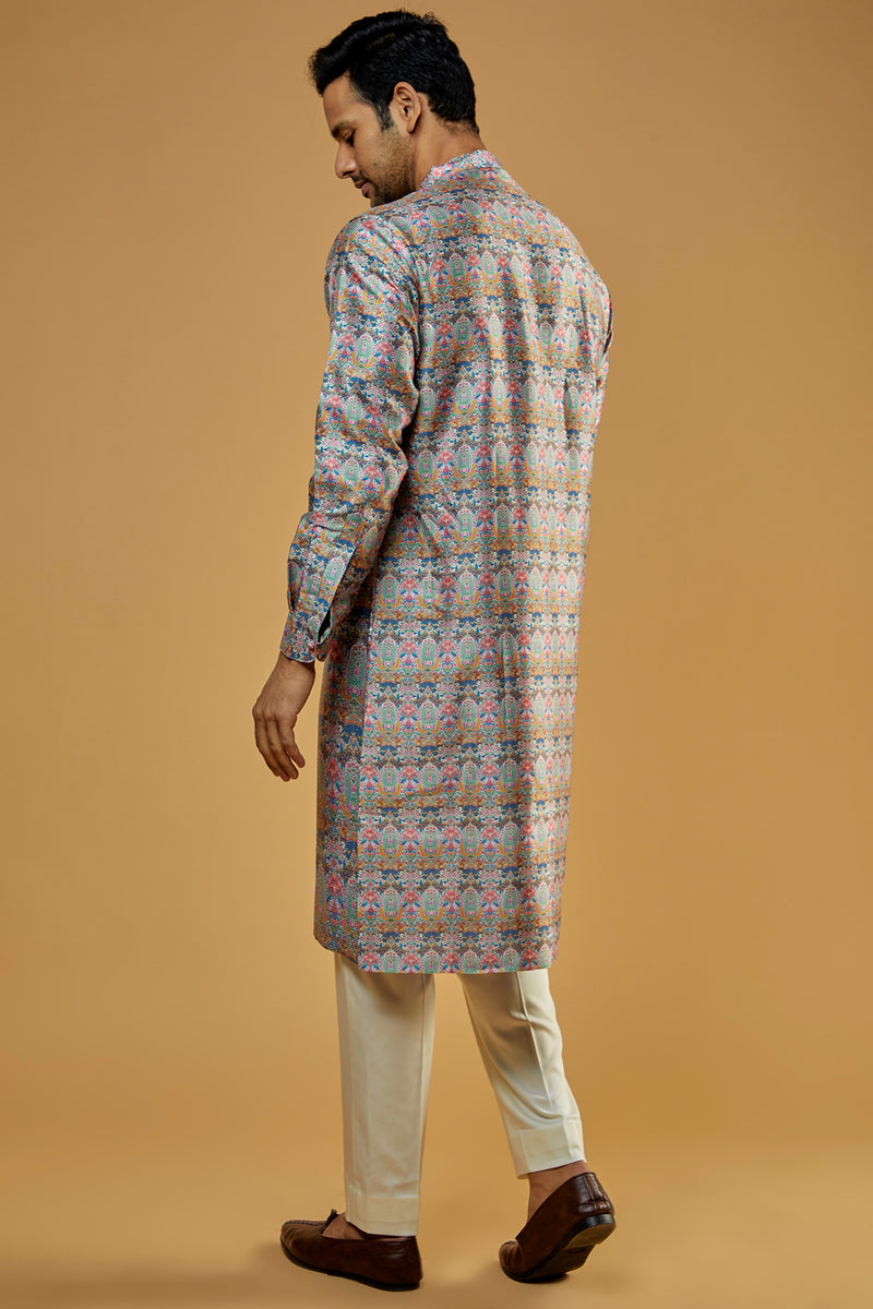 Aqua Dupion Printed Sheeting Kurta Set