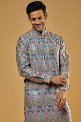 Aqua Dupion Printed Sheeting Kurta Set