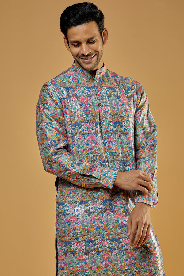Aqua Dupion Printed Sheeting Kurta Set