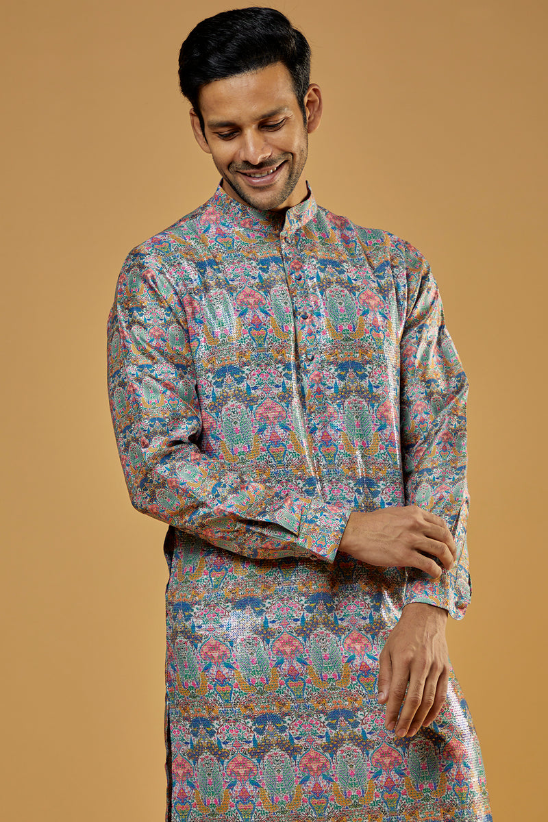 Aqua Dupion Printed Sheeting Kurta Set