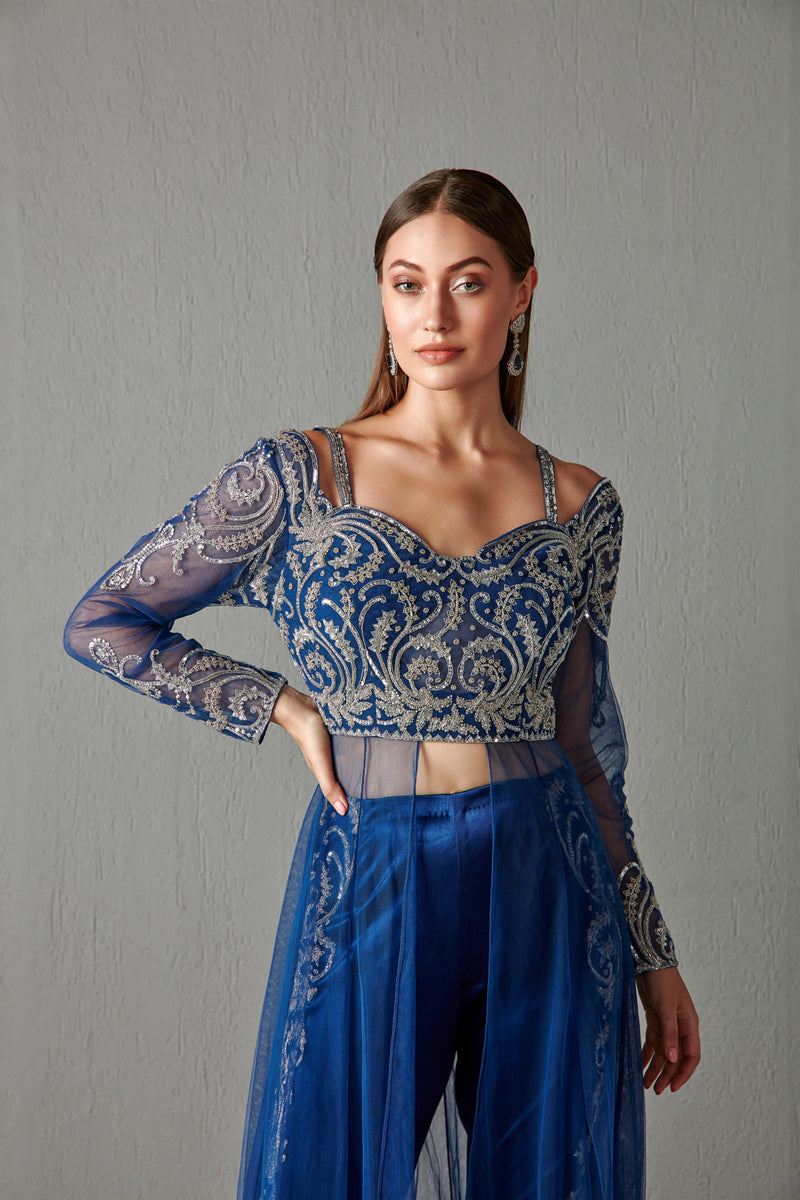 Royal blue Embellished Cape & Pant Set