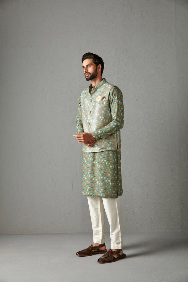 Green Georgette Kurta Set With Bundi Jacket