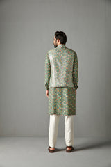 Green Georgette Kurta Set With Bundi Jacket