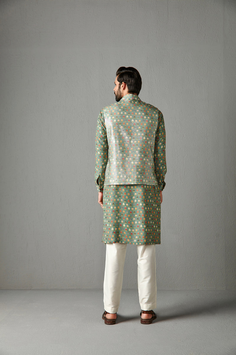 Green Georgette Kurta Set With Bundi Jacket