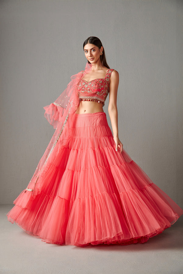 Fresh Pink Tiered Lehenga Set