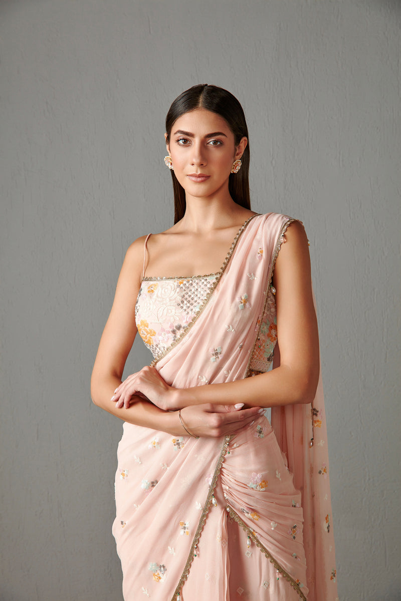 Blush Pink Stitched Saree Set