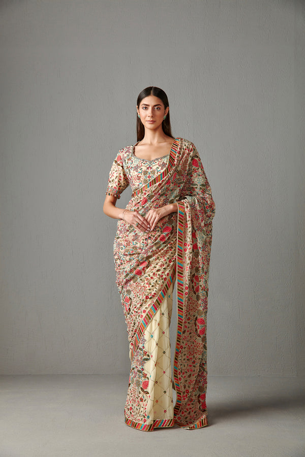 Beige Embellished Saree Set