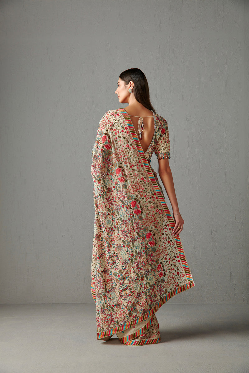 Beige Embellished Saree Set