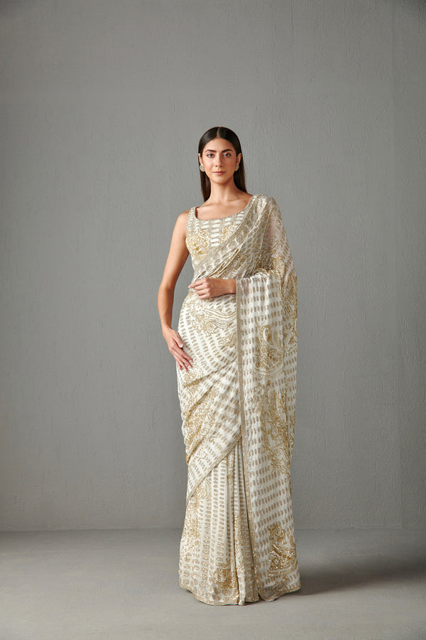 Ivory Sequins Embroidered Saree Set