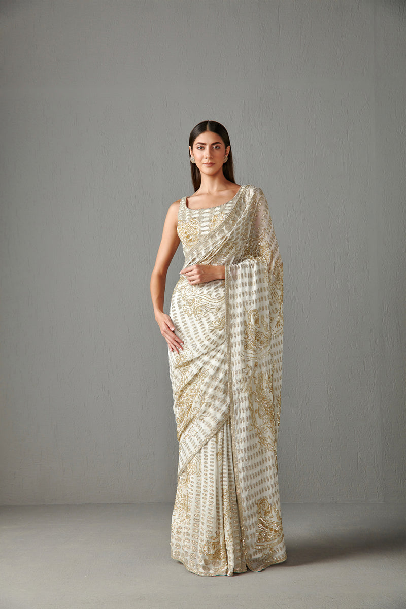 Ivory Sequins Embroidered Saree Set
