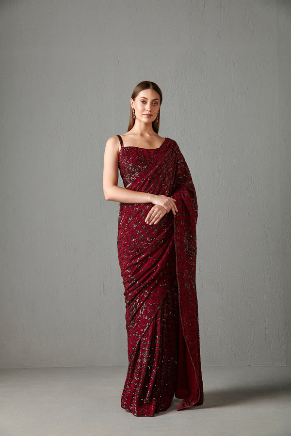 Ox Blood Sequins Embroidered Saree Set