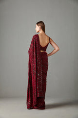 Ox Blood Sequins Embroidered Saree Set