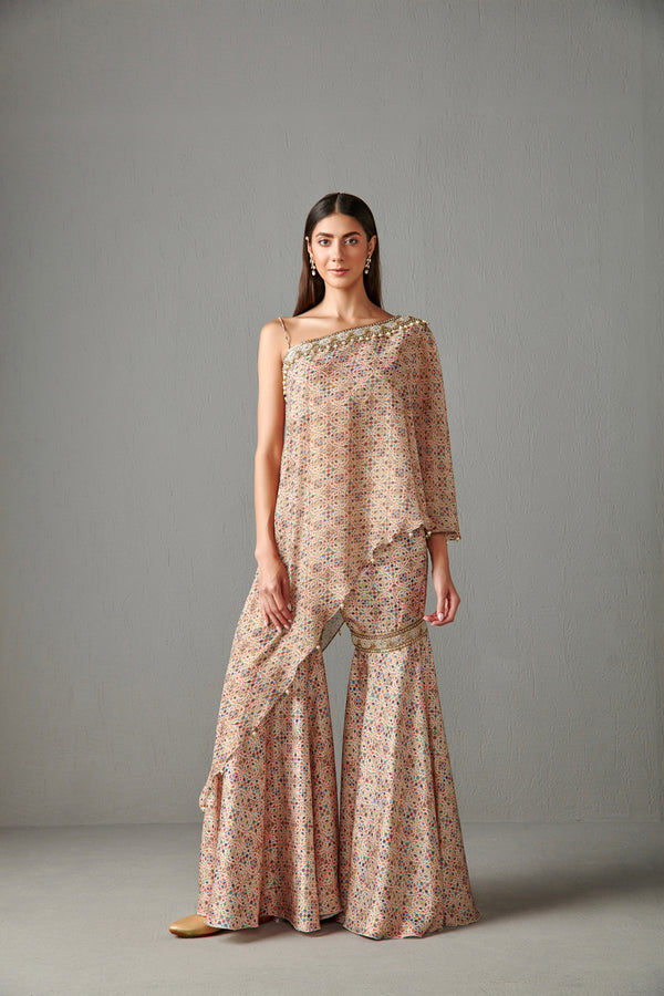 Beige Printed Cape & Gharara Set