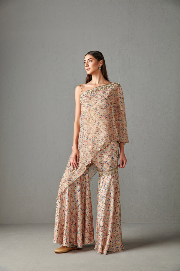 Beige Printed Cape & Gharara Set