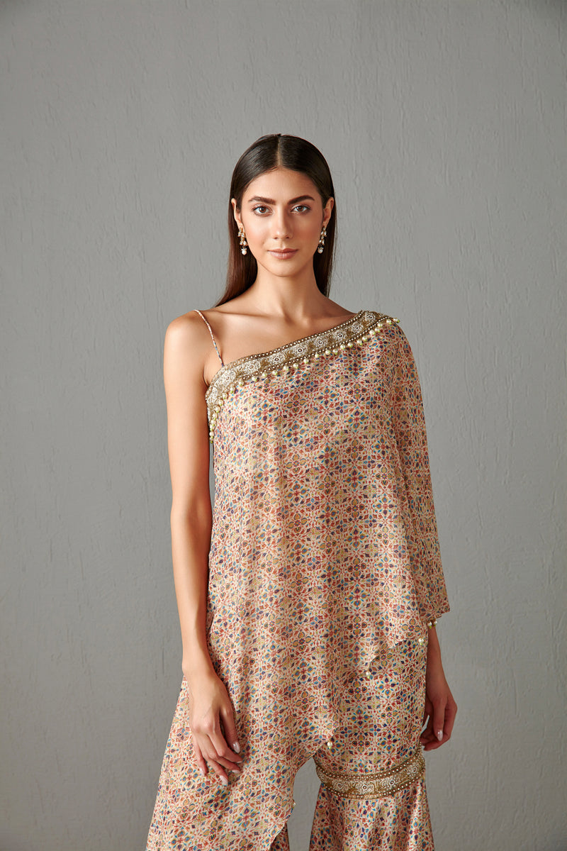 Beige Printed Cape & Gharara Set