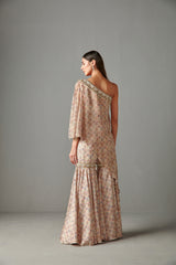 Beige Printed Cape & Gharara Set