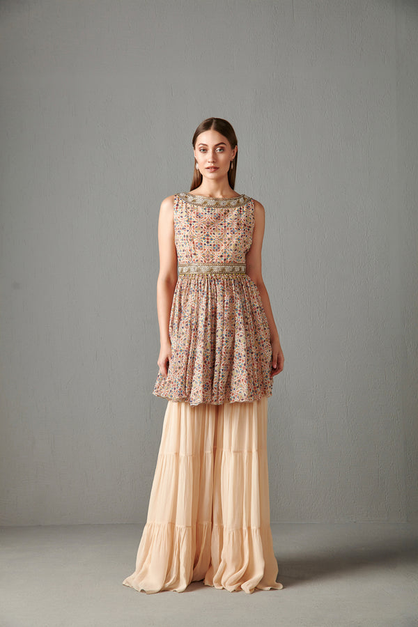 Beige Printed Peplum Set