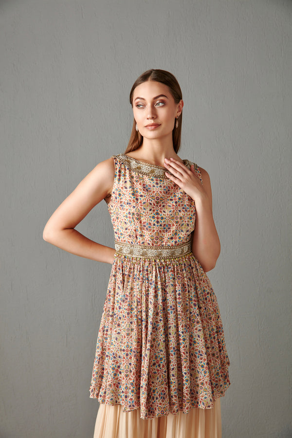 Beige Printed Peplum Set