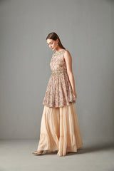 Beige Printed Peplum Set