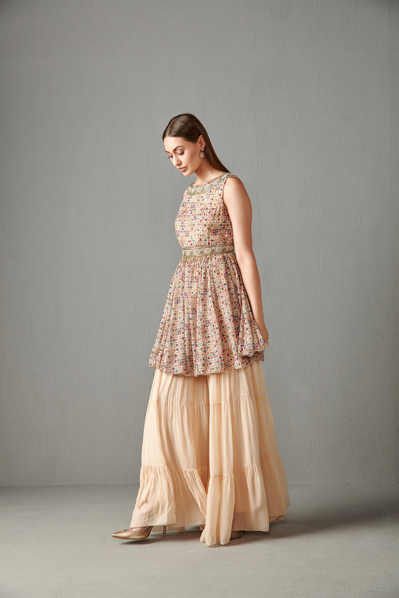 Beige Printed Peplum Set
