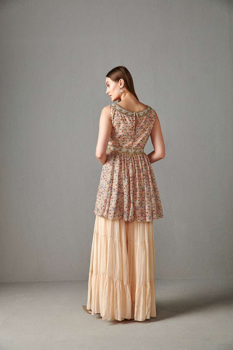 Beige Printed Peplum Set
