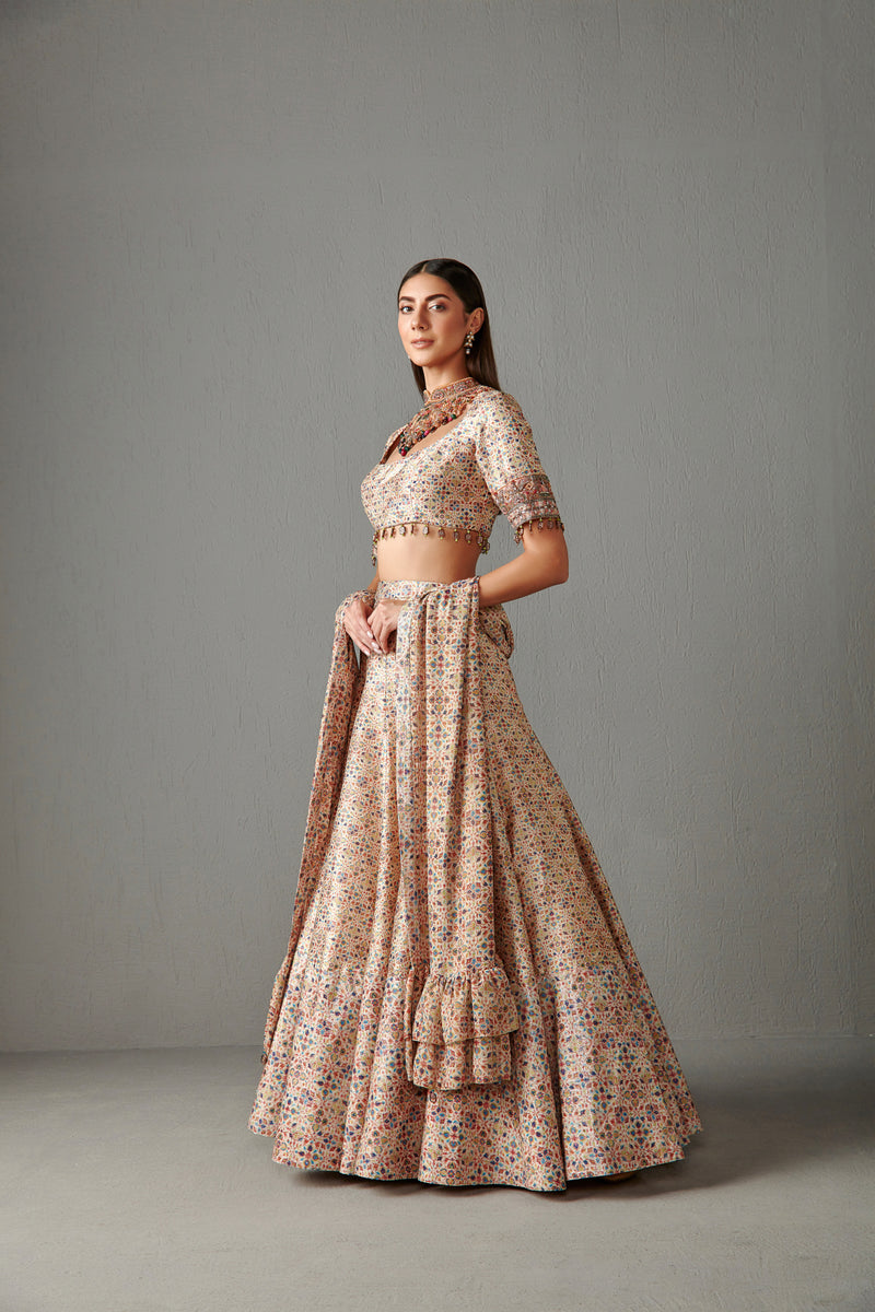 Beige Printed Lehenga Set