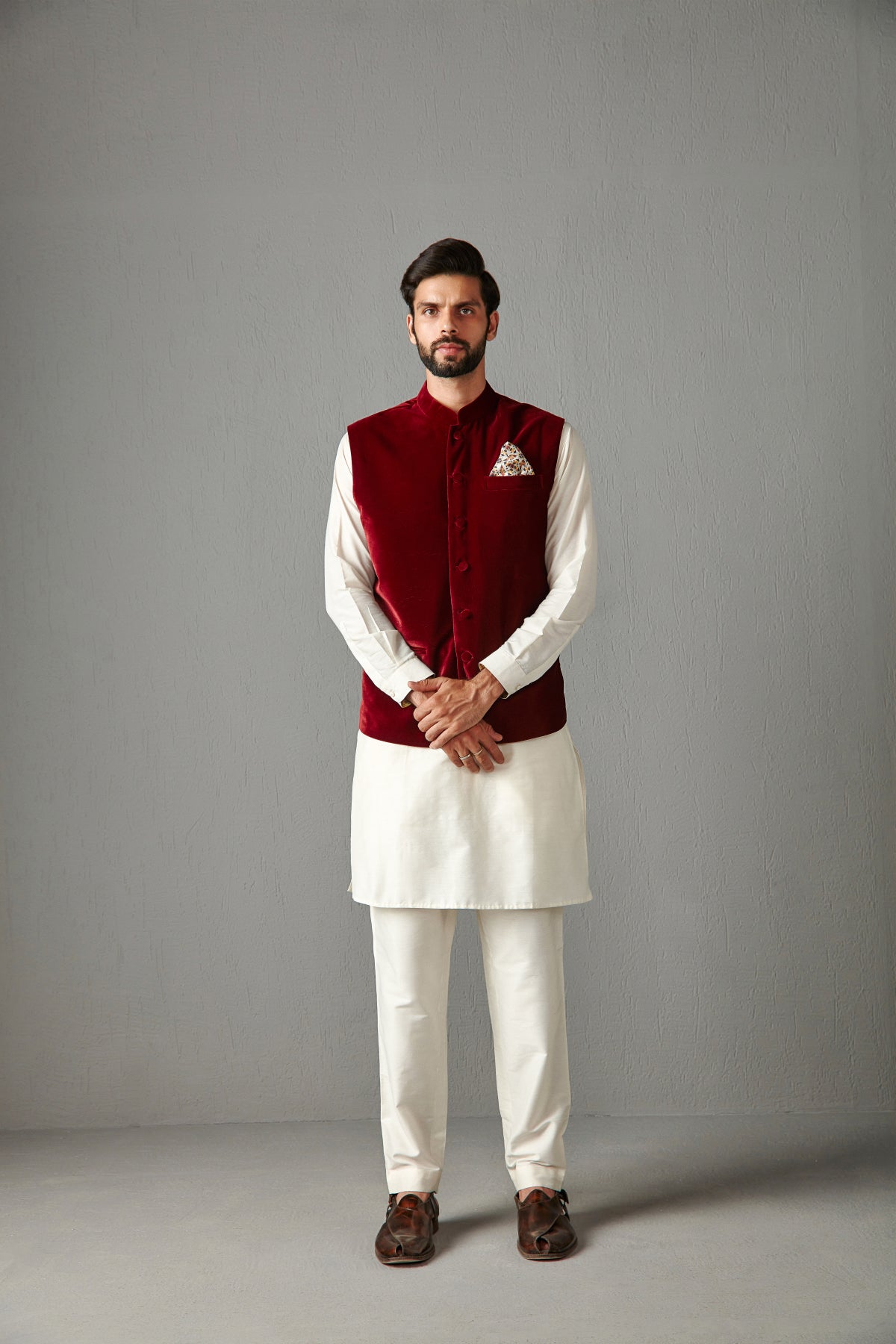 Maroon Velvet Bundi Jacket With Kurta Set
