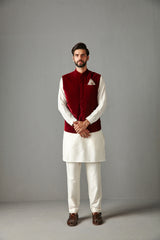 Maroon Velvet Bundi Jacket With Kurta Set