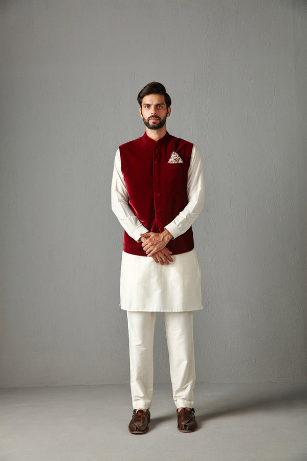 Maroon Velvet Bundi Jacket With Kurta Set