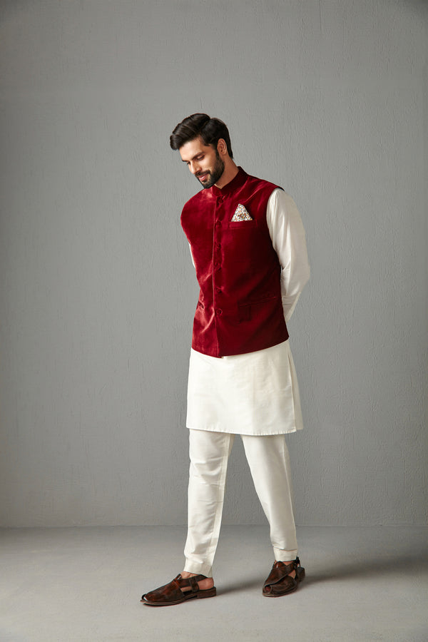 Maroon Velvet Bundi Jacket With Kurta Set