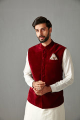 Maroon Velvet Bundi Jacket With Kurta Set